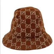 Gucci NEW With Tags GG Logo Monogrammed Brown Silver Bucket Wool/Silk Hat Sz. M