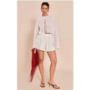 Cream Chiffon Long Sleeve Tie Detail Floaty Playsuit, Cream