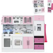 HONEY JOY Kids Kitchen Playset with Lights and Sounds, 2-Piece Modular Wooden Play Kitchen w/Water Circulation, Lighted Range Hood, Ice Maker, Accessories, Kids Toy Kitchen & Refrigerator Set, Pink