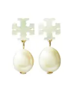 Tory Burch Kira Mother Of Pearl Double T & Cultured Freshwater Pearl Earrings in Gold Tone