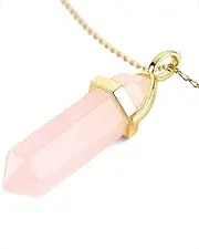 [LAVISA] Obelisk Gemstone Necklace Gold Pendant, Genuine Crystal Necklace, Rose Quartz, Amethyst, Natural Stone - 55 + 5 cm