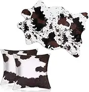 3 Pcs Cow Print Rug and Cowhide Pillowcase Set 3.6x2.5ft Faux Cowhide Area Carpet Faux Cow Hide Rug Cow Mat Cow Print Pillows for Living Room Bedroom Office Western Decor