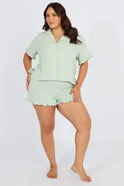 Green Ruffle Pj Button Through Textured Pyjama Set