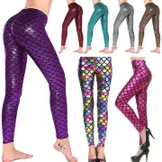 Women Kids Fish Scale Mermaid Leggings Ladies Metallic Shiny Sparkle Disco Pants