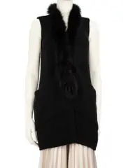 Black Merino Wool Fur Trim Collar Gilet