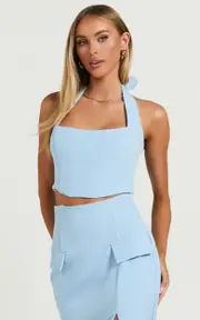 Davie Top - Halter Corset Fitted Crop Top in Ice Blue