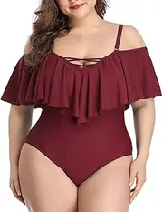 [GDYJP] Plus Size One Piece Swimsuits for Women Off Shoulder Flounce Bathing Suits Ruffle Tummy Control Swim Suits (Color : A, Size : 3X-Large)