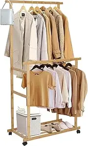 Medla Bamboo Clothes Rail Rack: Double Hanging Rails Clothes Rack on Wheels Free Standing Garment Rack with Storage Shelves Coat Rack for Dress Pants Shoes 80x40x160cm