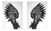 A2 Diptych street art PRINT INDIAN BLUE FEATHER NATIVE AMERICAN canvas