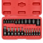 25 Piece Torx Bit and Socket Set 13 Star Bits T8- T60 & 12 E-Torx Sockets E4-...