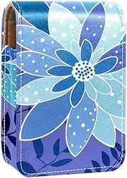 Lipstick Case,Leather Lip Gloss Lipstick Organizer with Mirror,Mini Lipstick Holder Bag,Flower Gray Blue