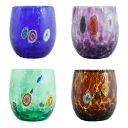 Set of Four 4 Murano Glass Tumblers Green Blue Purple Brown Millefiori Venice
