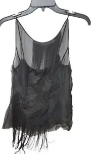 NWT 90's Vtg Women Alberta Ferretti Black Satin Fringe Top Made Italy Fringe