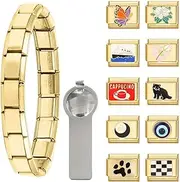 [papasgix] Italian Charm Bracelet Gold Silver Set with Starter Brascelet, Assorted Charms and Opening Tools, 9mm Modular Italian Charm Bracelet Links Handmade DIY Jewelry Gifts