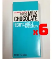 6 PACKS TRADER JOE'S SWISS MILK CHOCOLATE WITH 30% WHOLE HAZELNUTS 7-OZ BARS