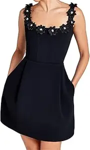 [Recious] Womens Sexy Sleeveless O Neck 3D Flowers Bodycon Party Clubwear Mini Dress