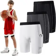 [Handepo] 3 Pack Youth Boys Compression Shorts with Side Pockets Performance Base Layers Athletic Underwear Workout for Kids