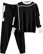 [Generic] Spring Winter Women's 2 Pieces Set Casual Patchwork Long Sleeve Knitted Pullovers Tops Drawstring Waist Pants Suits