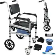 Folding Bedside Commode with Wheels, Padded Shower Chair with Bucket, Rolling Sh