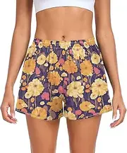 [FRODOTGV] Yellow Flowers Dark Violet Womens Athletic Shorts with Pockets Work Out Shorts for Running Lounging Fishing Hiking S