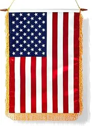 Anley 18x12 Inch USA Wall Banner Classroom Flag - American Hanging Flags for Home, Office and Door - Beautiful Fringy, Satin Finish & Wooden Hanging Pole