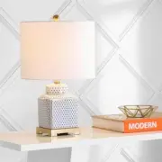 JONATHAN Y Tiffany Table Lamp 21.5" 1-Light Transitional Plug-In White/Navy