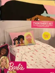 Barbie Twin Sheet Set 1 Flat One Fitted One Pillow Case White & Pink Doll Print