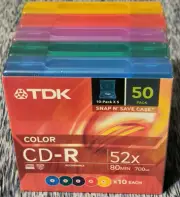 TDK Color CD-R Recordable 52x 80min 700mb 50 Pack Snap N Save Case NEW!