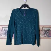 TOMMY HILFIGER Women's Studded Argyle Cotton V-Neck Sweater Top Green Size Small
