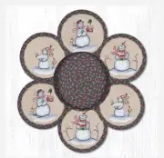 6 Braided Jute 10" Round Trivets with 1 Coordinating Basket. SNOWMEN, SNOWMAN