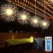 4 Pack Solar Hanging Firework Lights, 480 LED Starburst Lights with Timer, Remote, 8 Modes, Waterproof Copper Wire for Patio, Umbrella Christmas Decor
