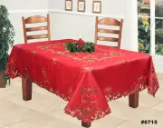 Christmas Embroidered Poinsettia Bell Tablecloth & Napkins RED Holiday #6715