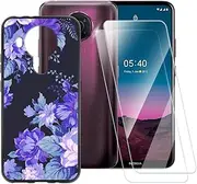 ESACMOT Purple Flowers Pattern Case Compatible with Nokia 5.4 + [2 Pack] Screen Protector Tempered Glass, Shockproof Case Cover for Nokia 5.4 (6.39 inch)