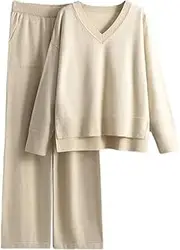 [Generic] Women Loose Knited Sets V-Neck Pullover Sweater Elastic Drawstring Wide-Leg Pants Casual 2-Piece Suits