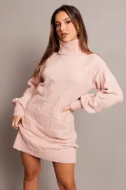 Pink Knit Dress Long Sleeve Turtle Neck - Size M, Women's Knit Dress