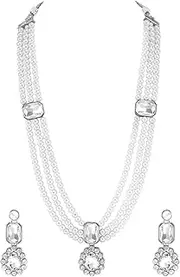 [Aheli] Silver Plated Crystal & Beads Studded Long Necklace Earrings Set Ethnic Jewellery for Women, One Size, Metal, No Gemstone