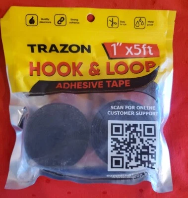 1" x 5' Black Adhesive Hook and Loop Interlock Tape Fastener Fabric