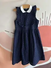 JANIE AND JACK Girls Size 6 Navy Eyelet Ruffle Front Dress Peter Pan Collar NWT