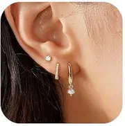 [FASHGOOD] Gold Earring Set for Women,14K Gold Plated Small Gold Hoop Earrings for Women Trendy,Hypoallergenic Earrings,Cubic Zirconia Huggie Earring,3Pairs Gold Stud Earrings Stacks Jacket for Women