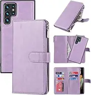 [Cavor] for Galaxy S22Ultra Case, Samsung Galaxy S22 Ultra 5G Case[6.8 inch] PU Leather Folio Flip Cover Kickstand 2 in 1 Detachable Wallet Magnetic Case Zipper Coin Pocket 6 Card Slots-Purple