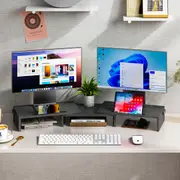 Advwin Dual Monitor Stand Riser Adjustable Length and Angle with 2 Slot Black