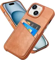 LUCKYCOIN Genuine Leather Case for iPhone 14,Premium Genuine Leather Wallet Case with 2 Card Slots, Scratch-Resistant Shockproof Protective Cover Case,6.1" Brown