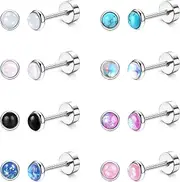 [Sanfenly] 8Pairs Earrings for Women Stainless Steel Flat Back Earrings Opal Turquoise Moonstone Earrings Cartilage Helix Piercing Jewellery Tragus Earrings Silver Studs Earrings for Women Girls