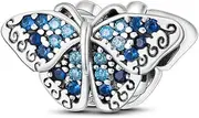 [Mon & Sons] Butterfly Charm Pave Crystal Blue Insect Charm Bead Pendant 925 Sterling Silver Dangle Compatible With Pandora Charm Bracelet, Metal