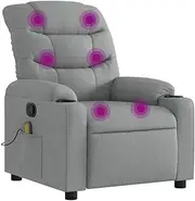 vidaXL Light Grey Massage Recliner Armchair - Fabric Single Sofa with Cup Holders, Side Pocket, Vibration Massage, Manual Recline