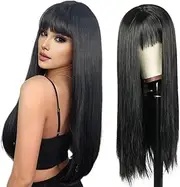 Queentas 24 Inch Long Black Wig Straight Wigs for Women with Bangs Glueless Synthetic Hair Wig