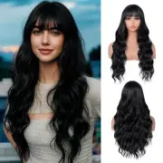 Black Wig with Bangs Long Wavy Curly Synthetic Heat-Resistant Wig for Women