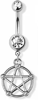 [Pierced Owl] 14GA 316L Stainless Steel Pentacle Dangling Double Jeweled Belly Button Ring