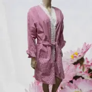 NWT $78 Eileen West K/L Wrap Robe MEDIUM Fuschia/White Check 3/4 Slv 100% Cotton
