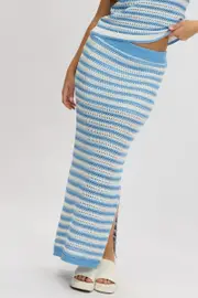 Blue Stripe Crochet Knit Skirt Elastic Waist Midi Lined - Size 8XS, Women's Knit Skirt